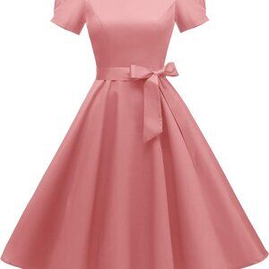 Women's Vintage 1950s Pink Cotton Spandex Cocktail Dress Puff Sleeves